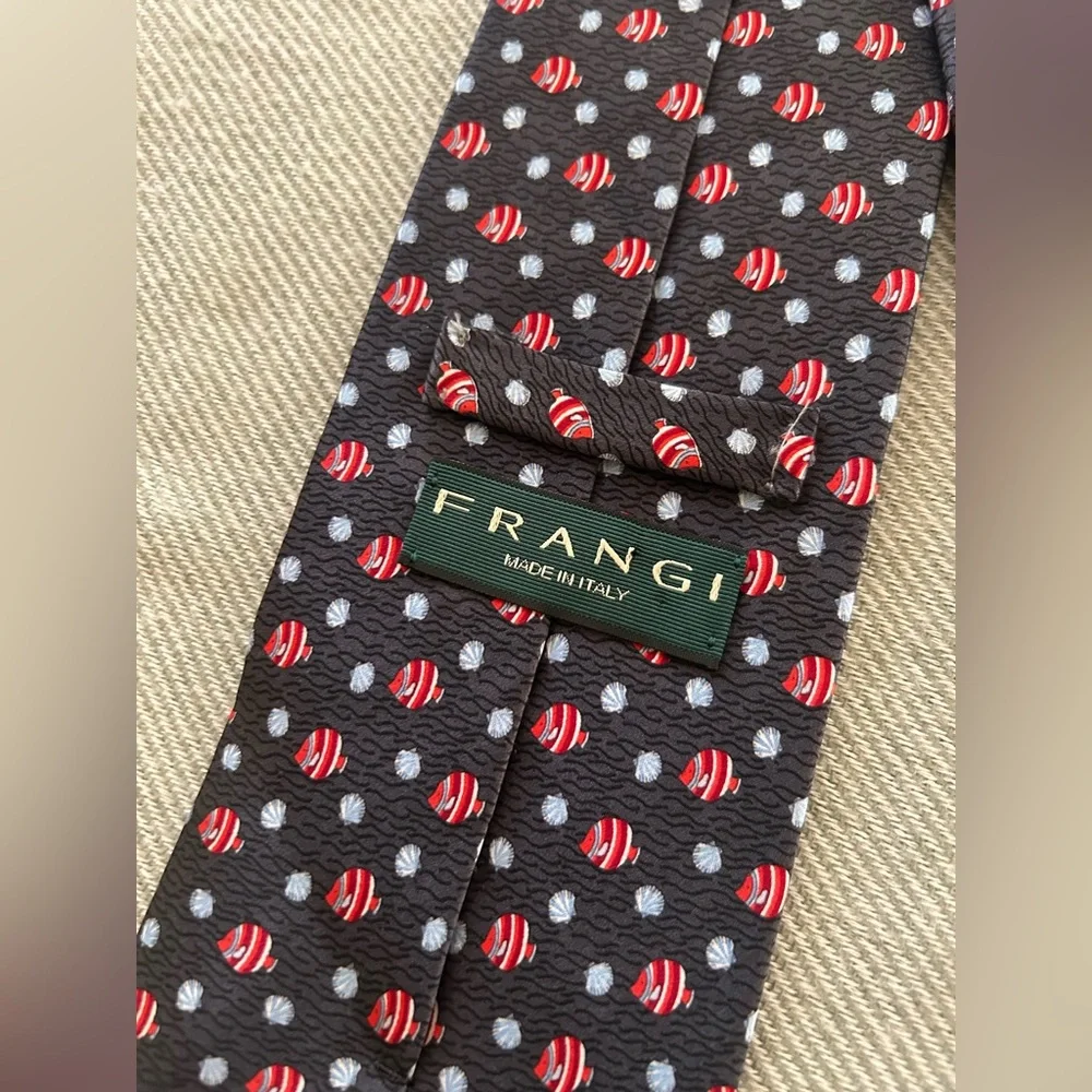 FRANGI 100% Silk Tie Navy Red Fish Print Made in Italy Office Classic
